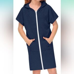 Besser Bay Swimwear Coverup Blue Relaxed Fit Short Sleeves Hoodie Zip-Up Pockets